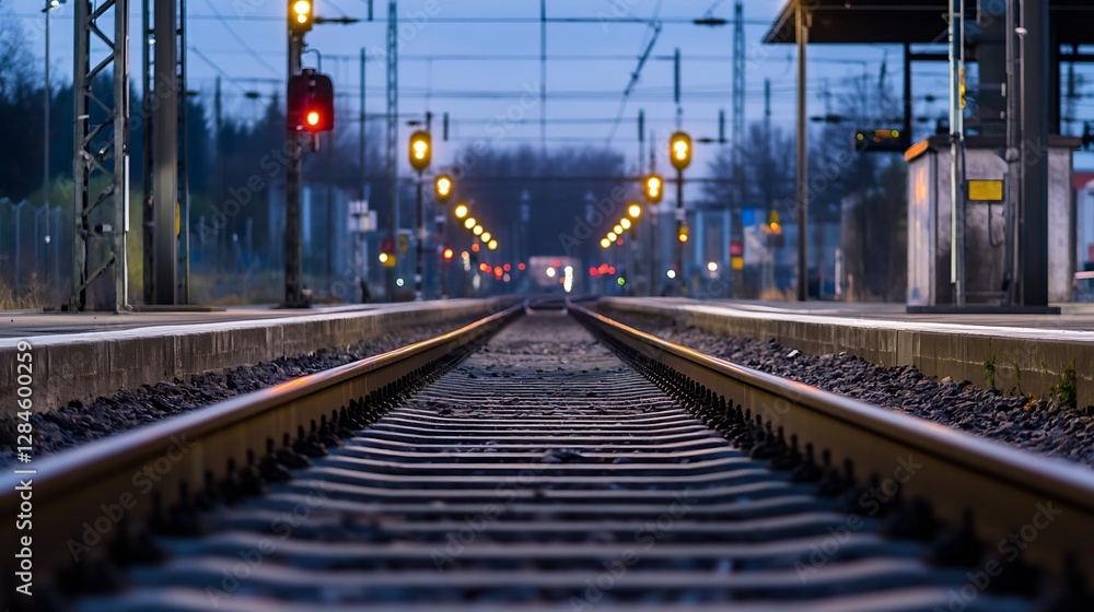 Obraz premium Nighttime perspective of empty railway tracks illuminated by station lights at a train platform : Generative AI