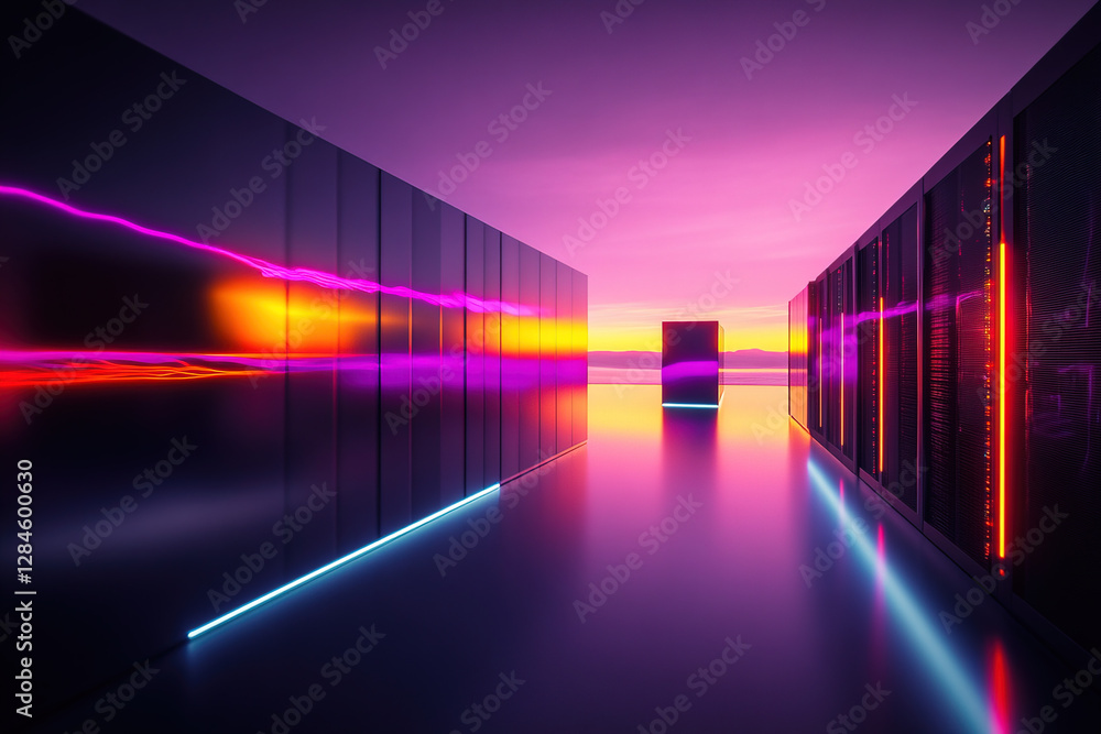 Colorful lights illuminate a futuristic data center at sunset Colorful lights illuminate a futuristic data center at sunset