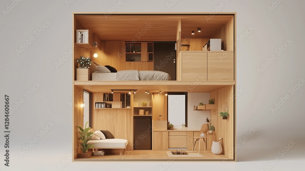 Fototapeta premium A beautifully designed modern tiny home with a warm wooden interior, featuring smart space-saving solutions, a cozy bedroom, and a minimalist aesthetic for efficient and stylish living
