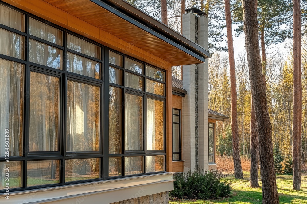 Modern home showcases sleek metal-plastic windows with smooth finish, highlighting durability and elegance in a serene natural setting Modern home showcases sleek metal-plastic windows with smooth finish, highlighting durability and elegance in a serene natural setting