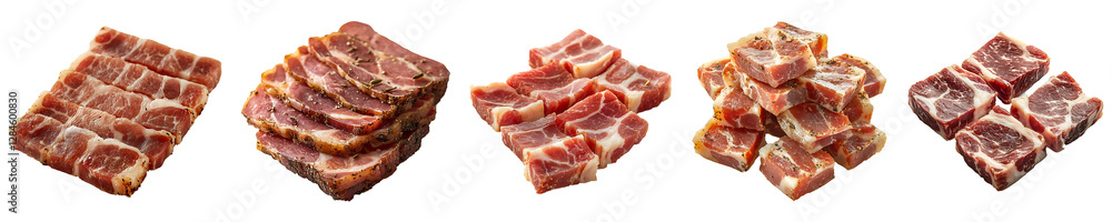 Set, Collection of Slices of crispy bacon Isolated on Transparent Background PNG. Set, Collection of Slices of crispy bacon Isolated on Transparent Background PNG.