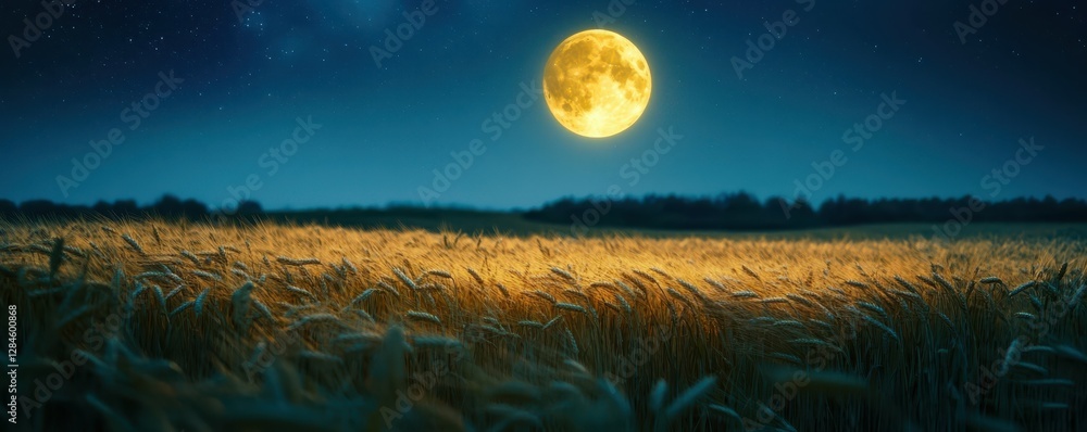 Fototapeta premium Full moon illuminates golden wheat field under starry night sky