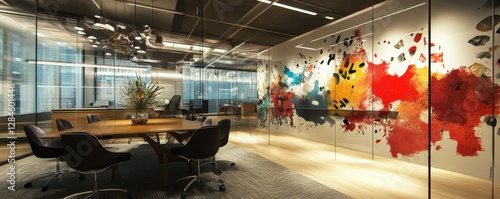 Modern office conference room with abstract art on glass wall