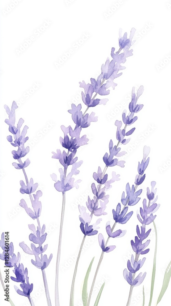 Naklejka premium Hand-painted watercolor lavender sprigs capture the essence of a calming botanical garden in soft purple hues