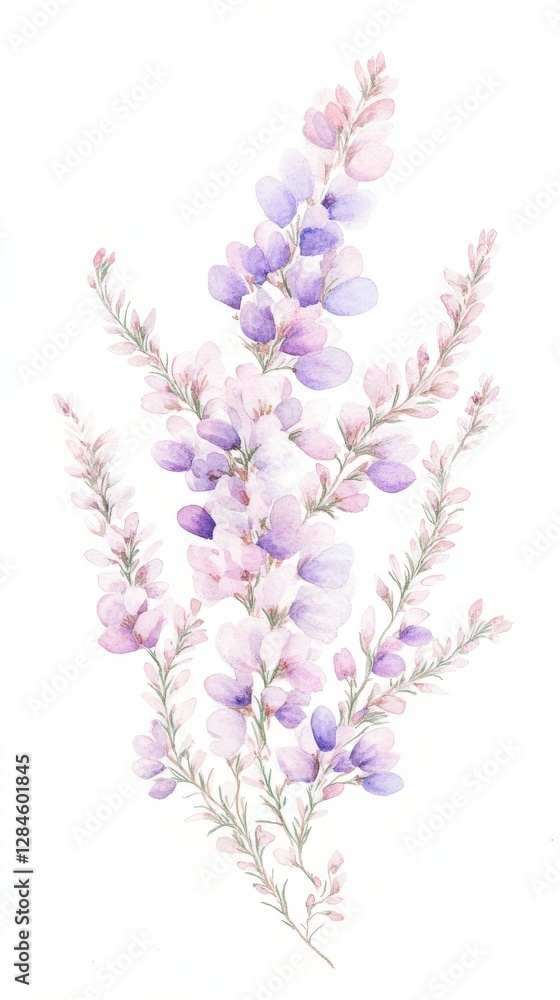 Naklejka premium Delicate watercolor illustration showcasing soft purple and pink Heather flowers swaying gently in the breeze on a tranquil afternoon