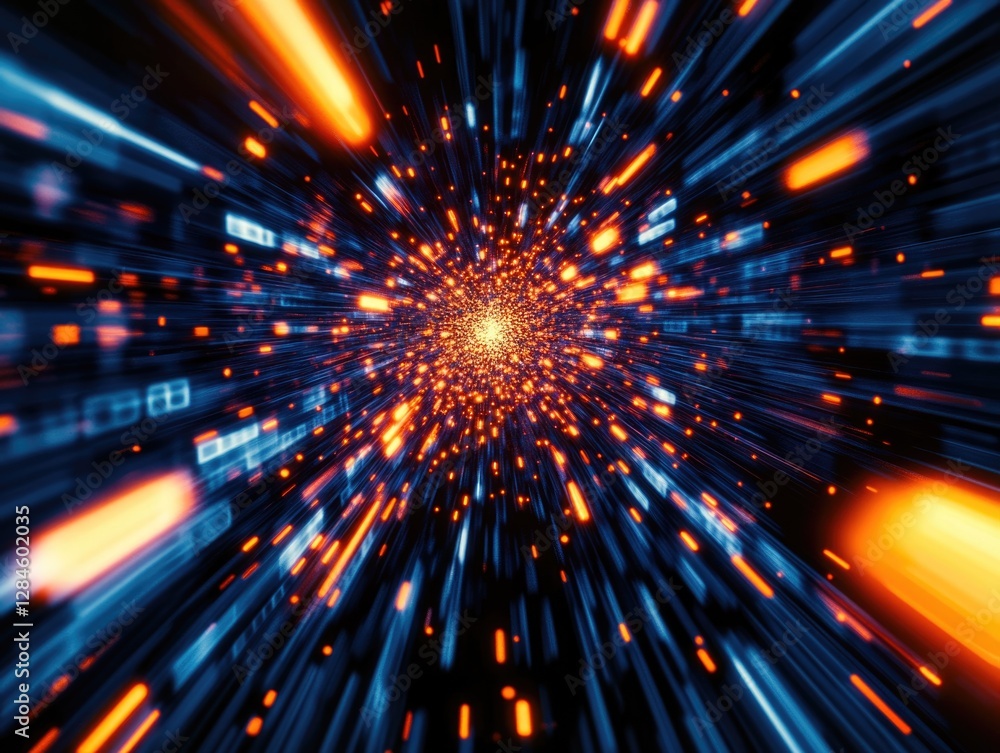 Naklejka premium Intricate digital display of cosmos with blues and oranges, representing advanced technology concept.