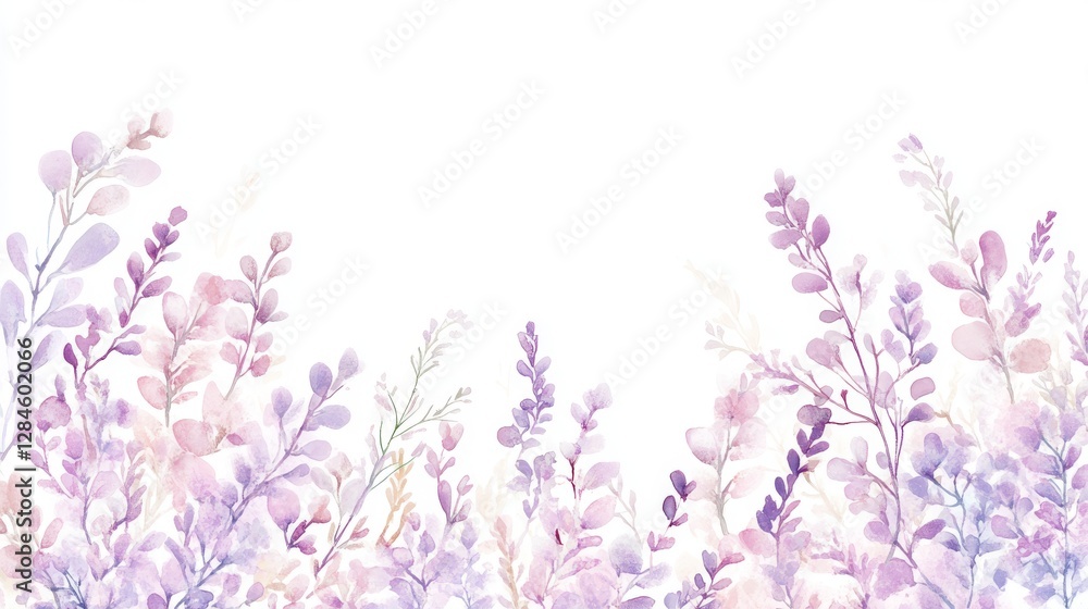 Naklejka premium Soft purple and pink heather flowers sway gently in a delicate watercolor botanical illustration