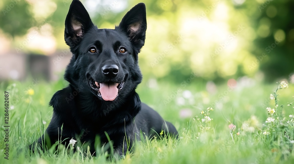 Happy black dog lying in a green meadow surrounded by wildflowers basking in the warm sunlight : Generative AI Happy black dog lying in a green meadow surrounded by wildflowers basking in the warm sunlight : Generative AI