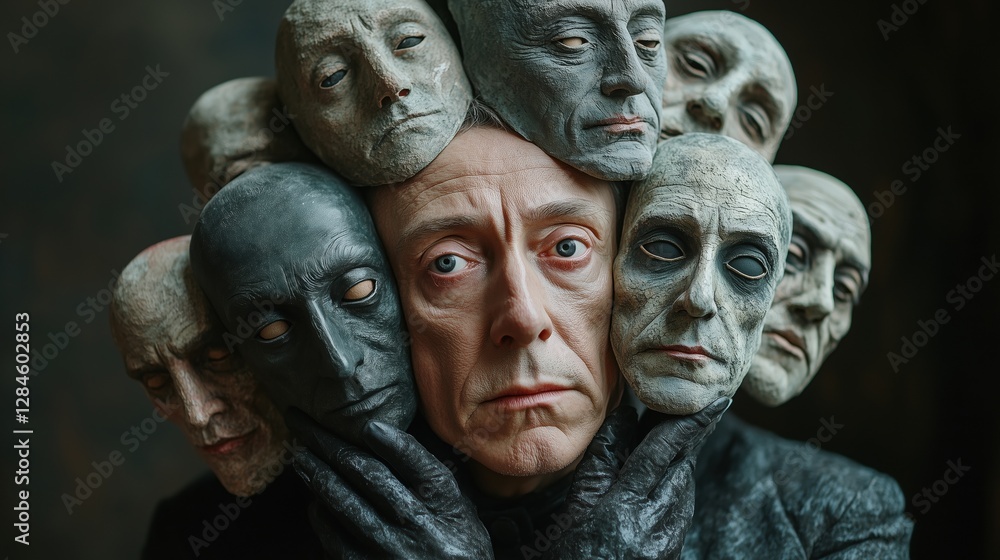 Man surrounded by multiple masks in a dramatic scene Man surrounded by multiple masks in a dramatic scene