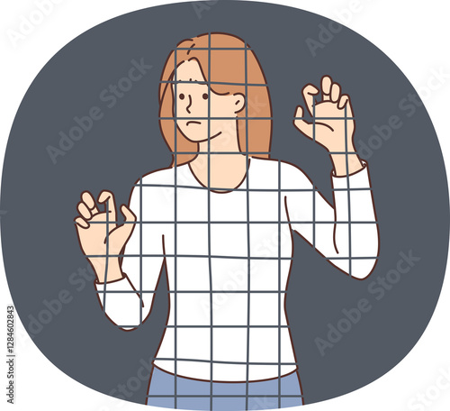 Woman hostage stands near prison bars and is sad, wanting to get parole for good behavior. Girl hostage experiences stress and depression due to unfair imprisonment or lack of money for lawyer.