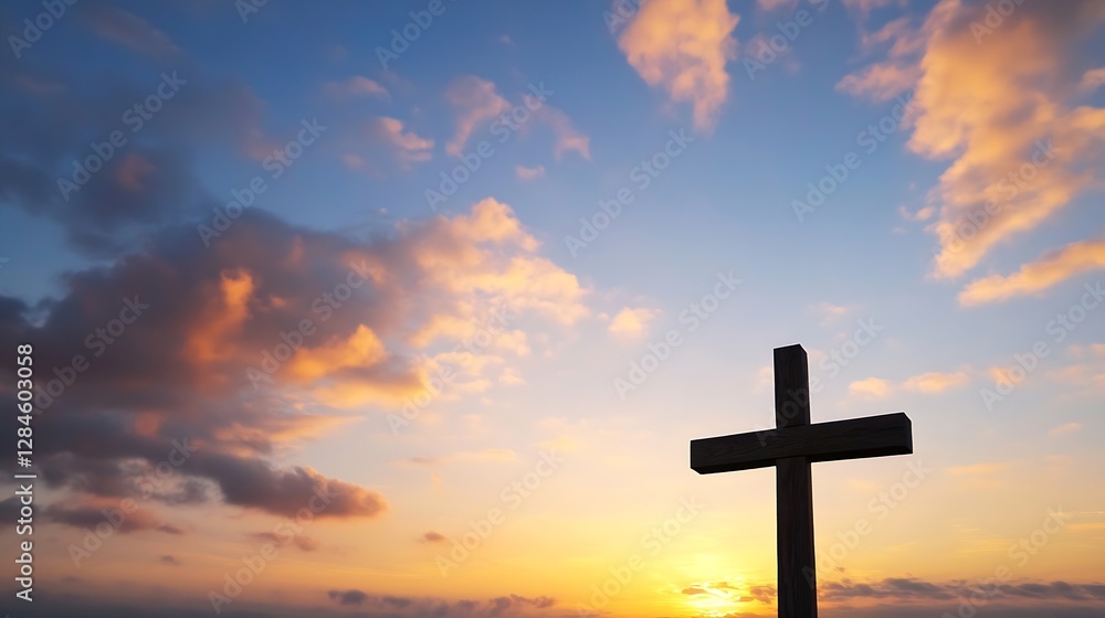 Serene sunset view behind a wooden cross against a dramatic sky filled with colorful clouds : Generative AI Serene sunset view behind a wooden cross against a dramatic sky filled with colorful clouds : Generative AI