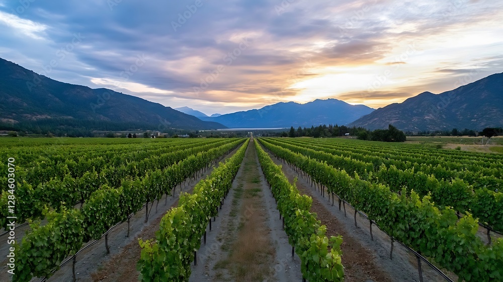 Fototapeta premium Breathtaking view of lush green vineyards during sunset highlighting mountains and serene sky : Generative AI
