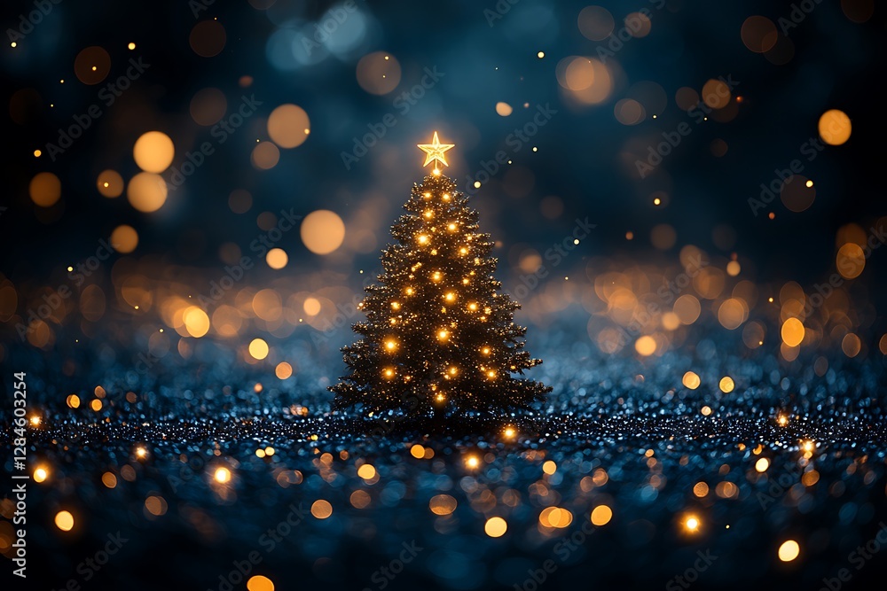 Naklejka premium Festive Christmas tree illuminated by warm lights in a snowy night scene.