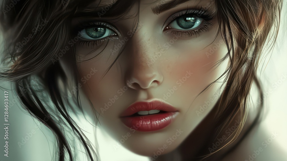 Close-up of female face with captivating eyes and soft features Close-up of female face with captivating eyes and soft features