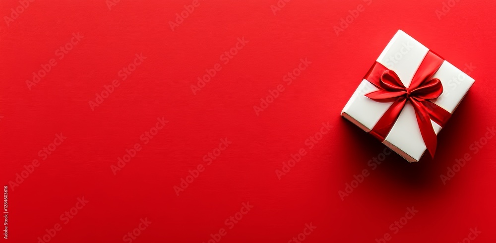 Surprise Gift Wrapped in Red Ribbon Placed on a Vibrant Red Background Creating a Festive Atmosphere Surprise Gift Wrapped in Red Ribbon Placed on a Vibrant Red Background Creating a Festive Atmosphere