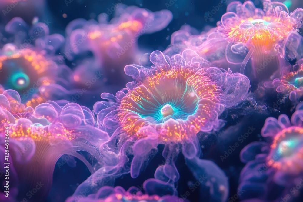 Vibrant underwater scene showcasing luminous coral polyps with intricate details and glowing textures. Vibrant underwater scene showcasing luminous coral polyps with intricate details and glowing textures.
