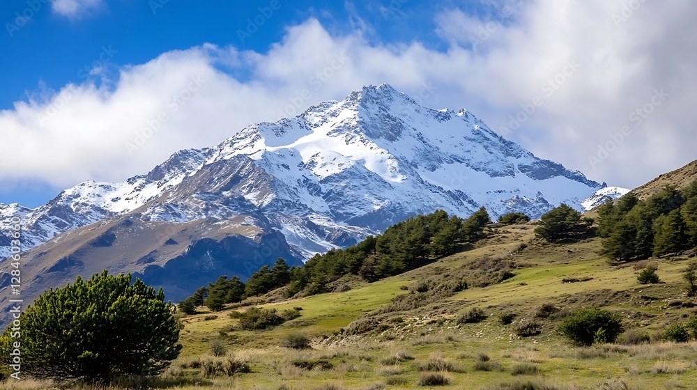 Fototapeta premium Majestic snow capped mountain range under blue skies with lush greenery in the foreground : Generative AI