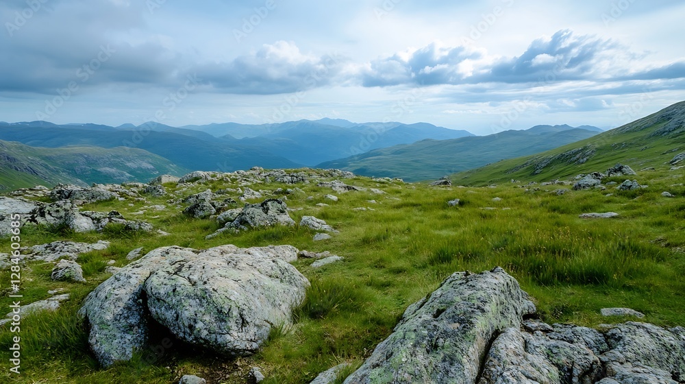 Majestic Rocky Landscape with Green Grass and Rolling Hills Under Cloudy Sky : Generative AI Majestic Rocky Landscape with Green Grass and Rolling Hills Under Cloudy Sky : Generative AI