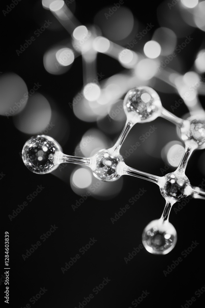 Chemical structure composed of spheres and rods illustrating atoms in molecular bonding. Light interacts with the molecule causing a sparkling effect. Chemical structure composed of spheres and rods illustrating atoms in molecular bonding. Light interacts with the molecule causing a sparkling effect.