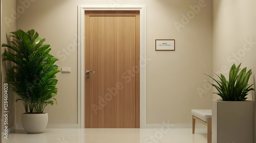 Nameplate design mockup hanging on door, 3D render. Door sign mockup template on entry in cabinet. Office hall interior with nameplate on door