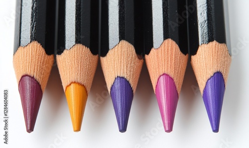 Close-up of colorful pencils, arranged in a row on a white background photo