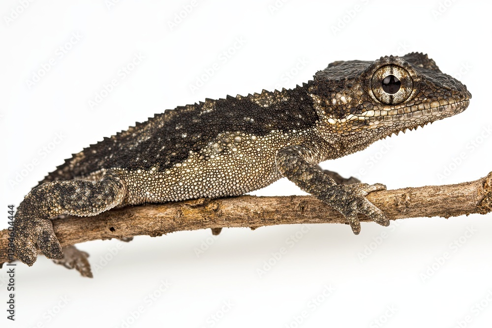 Naklejka premium Veiled chameleon (Chamaeleo calyptratus) placed against a white backdrop