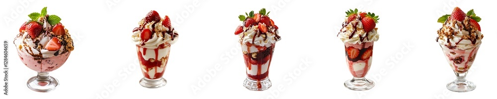 Set, Collection of Strawberry sundae Isolated on Transparent Background PNG. Set, Collection of Strawberry sundae Isolated on Transparent Background PNG.