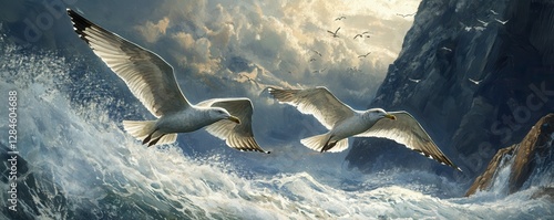 Majestic seagulls soaring over stormy ocean waves against dramatic cliffs at sunset