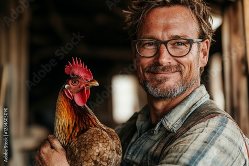 Man holding a colorful chicken in his arms while smiling in a rustic barn setting during daylight hours photo