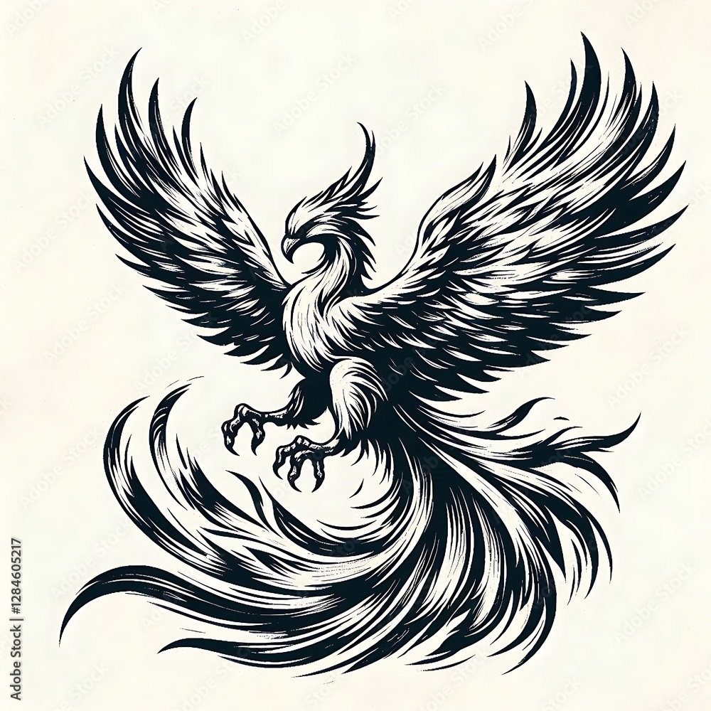 Obraz premium Majestic phoenix soaring with outstretched wings and flowing tail feathers. Powerful, mythical bird in a dynamic pose. Detailed line art illustration.