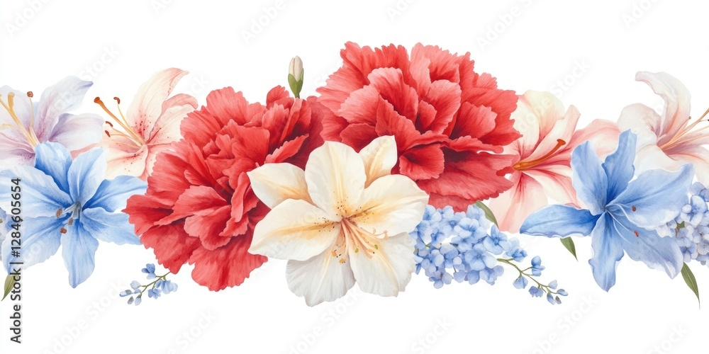 A bouquet of colorful flowers in red, white, and blue hues, resembling a national flag arrangement. A bouquet of colorful flowers in red, white, and blue hues, resembling a national flag arrangement.
