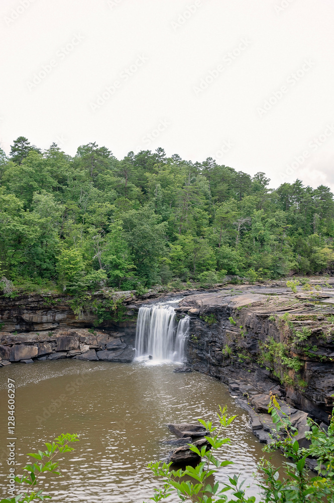 Obraz premium Scenic waterfall cascading into a rocky pool surrounded by lush forest
