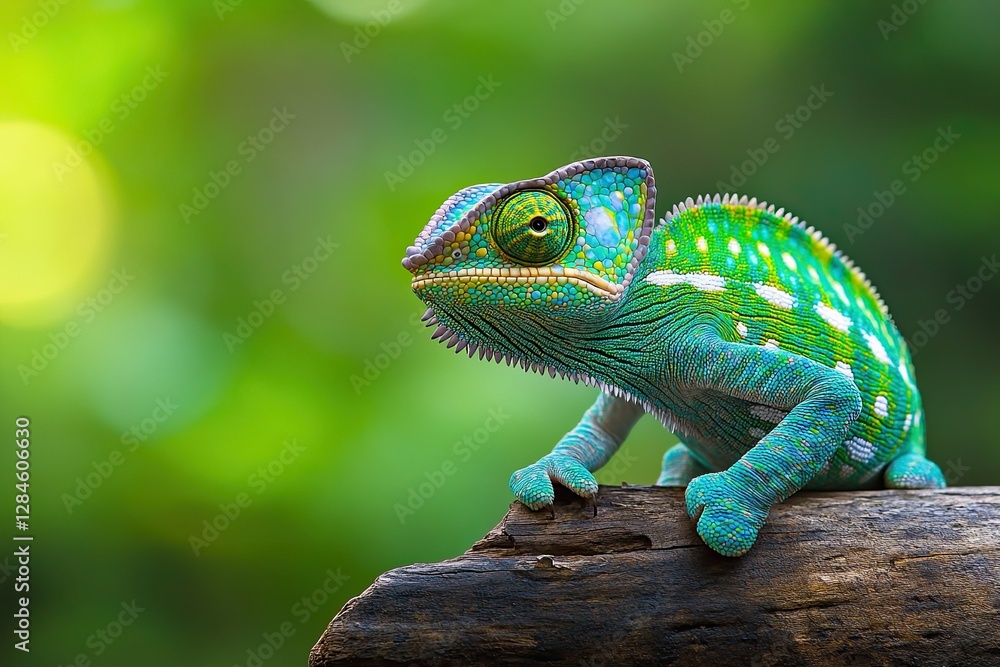 Fototapeta premium An awesome chameleon sits gracefully on a twig draped in moss in Madagascar