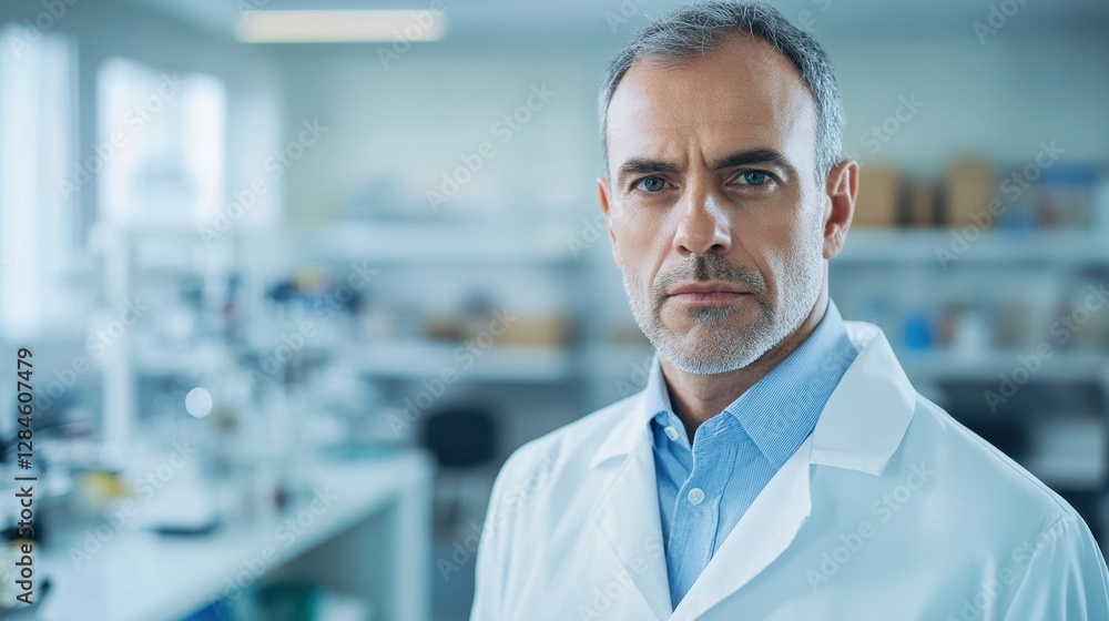 Portrait of a middle-aged European man in a lab coat, showcasing a serious expression in a modern laboratory setting, reflecting professionalism and expertise. Portrait of a middle-aged European man in a lab coat, showcasing a serious expression in a modern laboratory setting, reflecting professionalism and expertise.