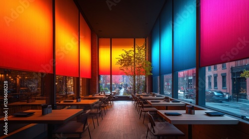 Vibrant Restaurant Interior with Colorful Window Shades and Seating