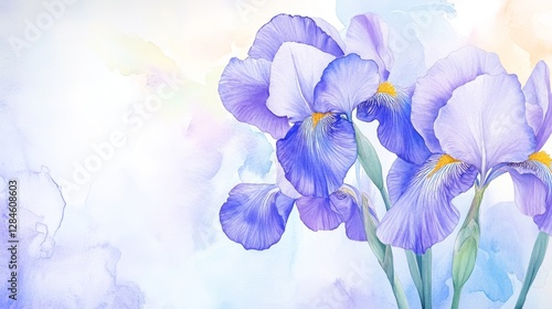 Fototapeta Naklejka Na Ścianę i Meble -  Delicate purple and blue iris flowers gracefully bloom in an enchanting watercolor composition, showcasing nature's elegance