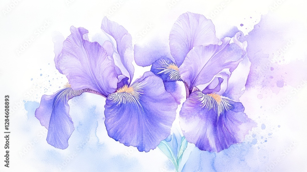 Fototapeta premium Captivating irises in delicate purple and soft blue hues captured in a graceful watercolor portrayal