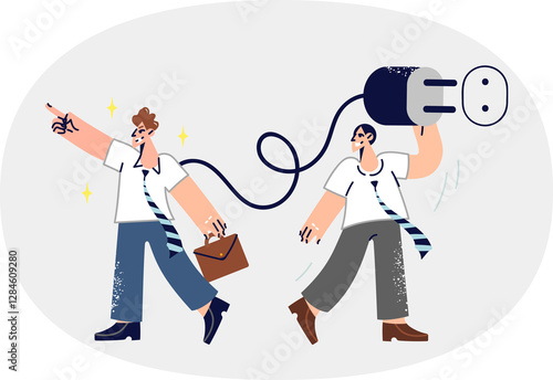 Fotografie Man manager motivates subordinate to work by connecting employee to outlet, recharge after exhaustion
