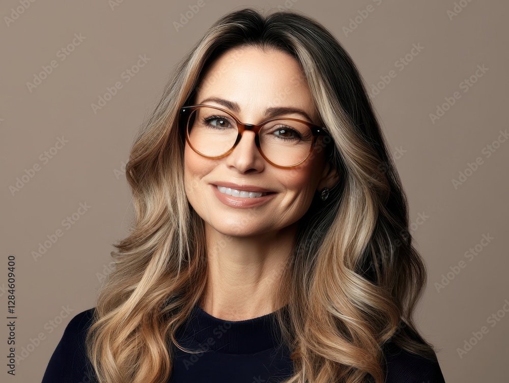 Professional headshot of a confident female designer with glasses, radiating creativity and elegance in a modern office setting Professional headshot of a confident female designer with glasses, radiating creativity and elegance in a modern office setting