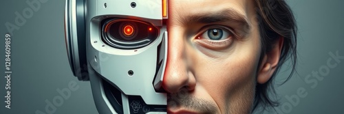 Futuristic AI-human hybrid portrait, half cyborg half man, technology and humanity fusion, artificial intelligence concept, digital future, sci-fi, cybernetic evolution, innovation.