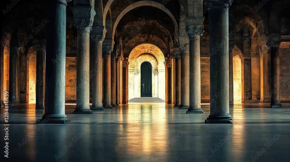Fototapeta premium Ancient Hallway with Columns and Sunlight
