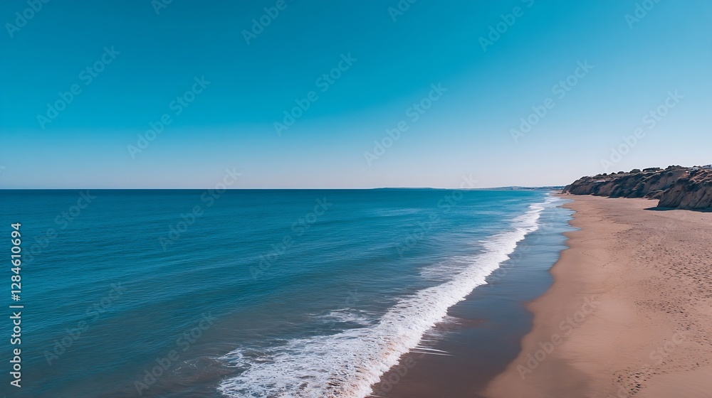 A serene beach view with golden sands and crystal clear waters stretching to the horizon : Generative AI A serene beach view with golden sands and crystal clear waters stretching to the horizon : Generative AI