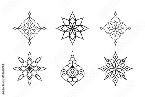 A collection of six elegant, symmetrical decorative motifs, featuring intricate line work and repeating patterns.