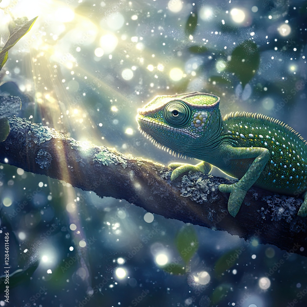 A bright chameleon rests on a branch, its hues contrasting sharply with the sunlit scenery A bright chameleon rests on a branch, its hues contrasting sharply with the sunlit scenery