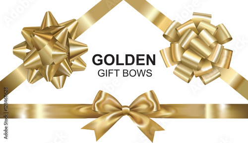 Golden gift bows set or top view yellow ribbon isolated on white background, Decorative realistic design, Vector illustration.