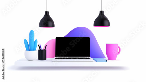 Modern Telework Space: Laptop, Cactus, and Pastel Colors
