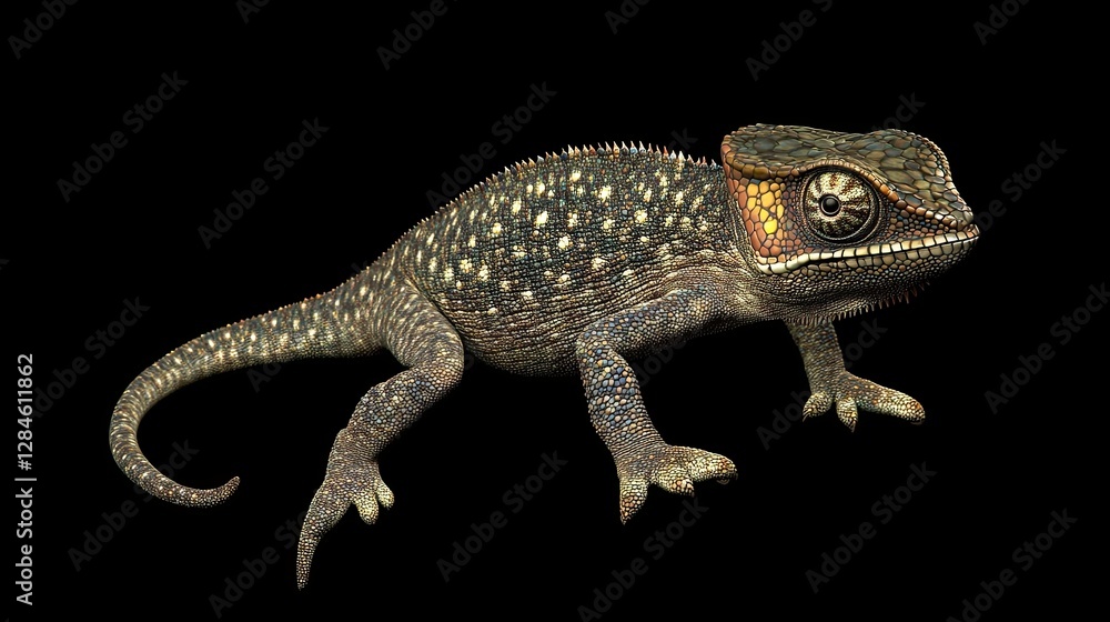 Naklejka premium Close-up shot of a green chameleon directly looking at the camera on a black background