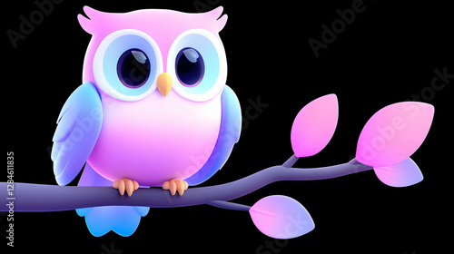 Pastel Baby Owl on Branch Watercolor Illustration