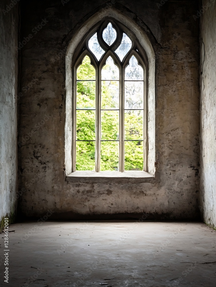 Fototapeta premium Abandoned room featuring an ornate gothic window that frames lush green trees outside : Generative AI