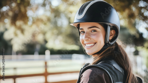 Confident equestrian rider wearing safety gear, standing near horse in sunlit stable with relaxed, happy expression photo